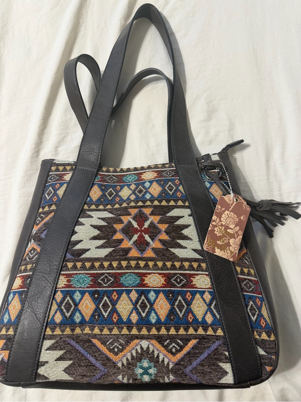 Woven Aztec-Pattern Tote Bag in Black and Multi